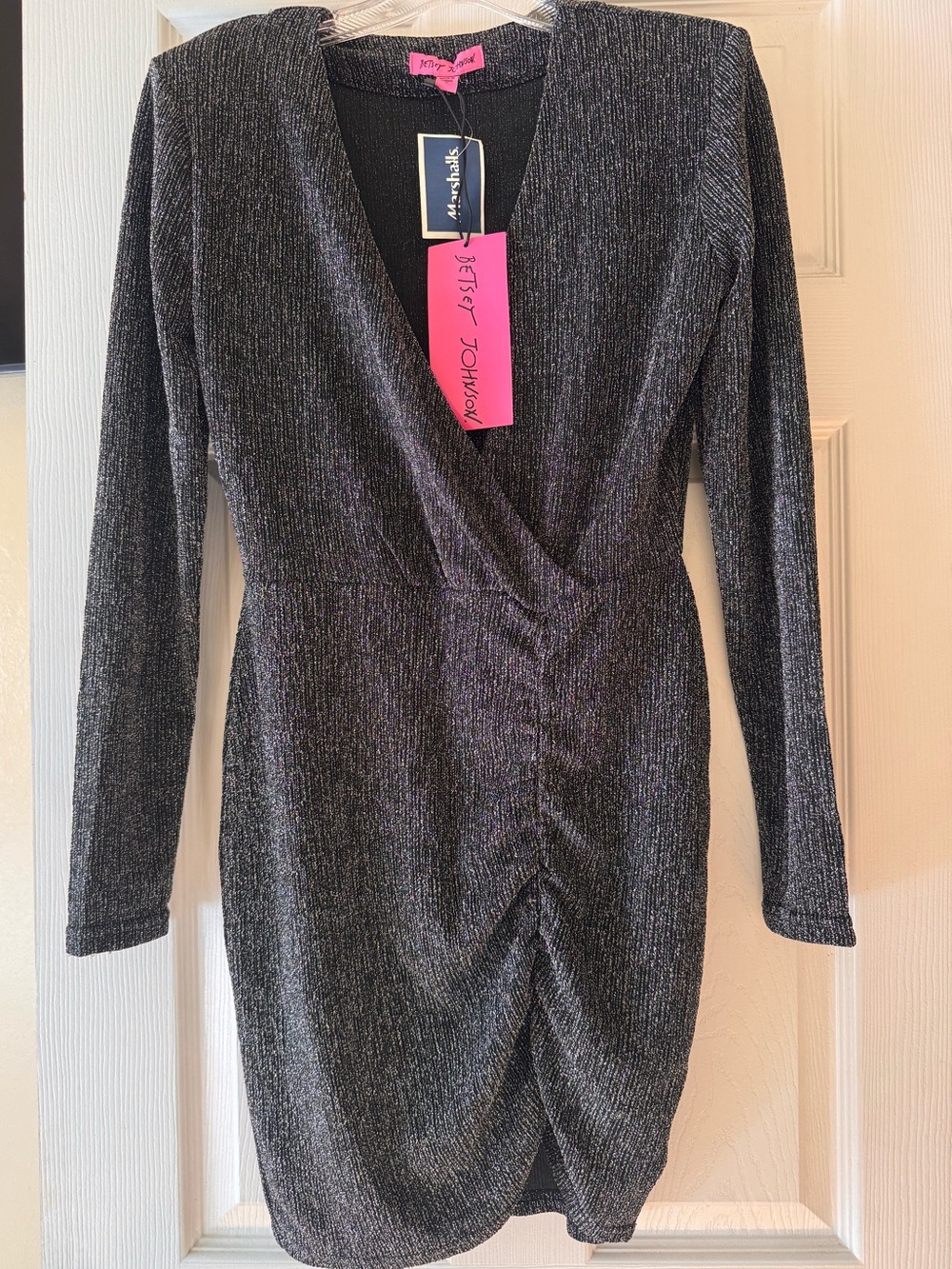 NWT SBetsey Johnson Black Metallic Ribbed Long-Sleeve Wrap Dress